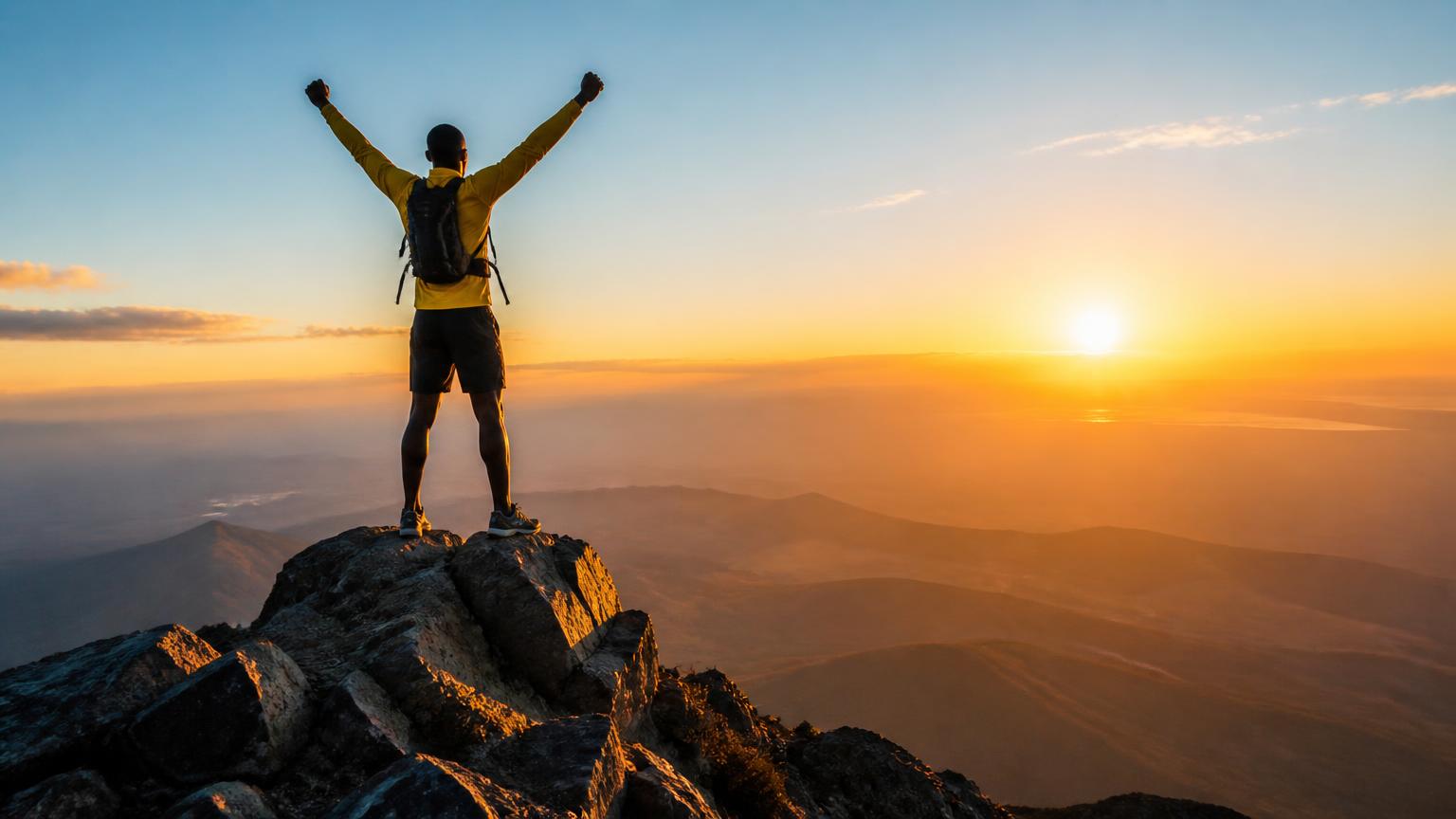 Coureur africain atteignant un sommet de montagne, bras levés au lever du soleil